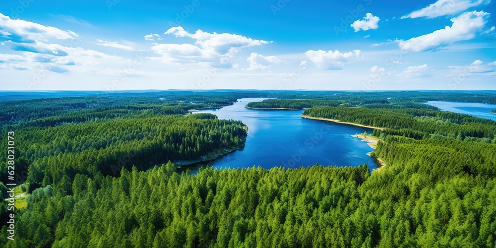 Fototapeta premium Landscape with a road and green forests near the water of blue lakes in summer.