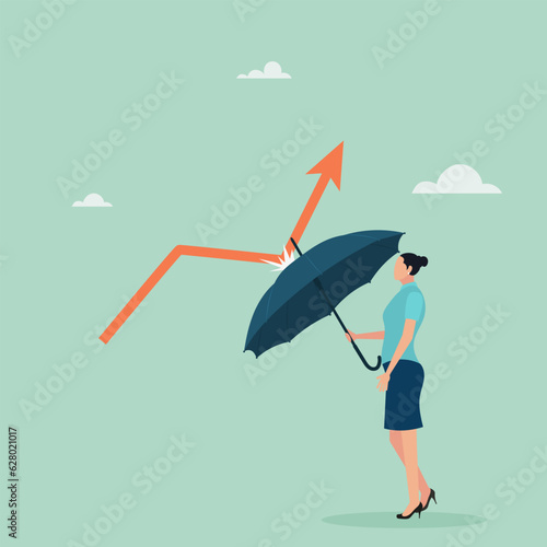 Economic recovery after crisis, business protection or stock market bounce back after recession concept, smart confident businesswoman holding umbrella to restore economic graph with red arrow. Vector