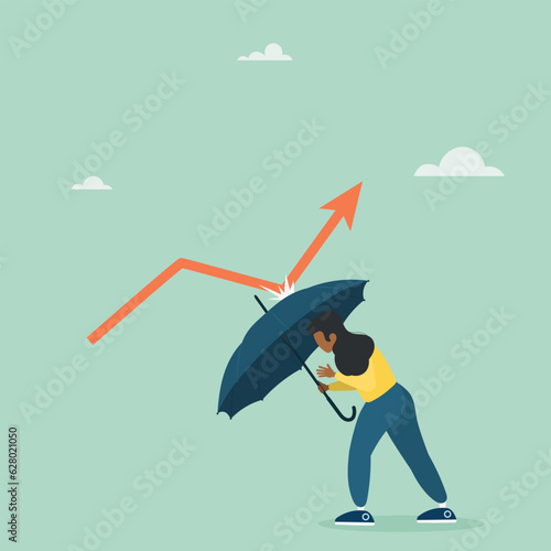 Economic recovery after crisis, business protection or stock market bounce back after recession concept, smart confident businesswoman holding umbrella to restore economic graph with red arrow. Vector