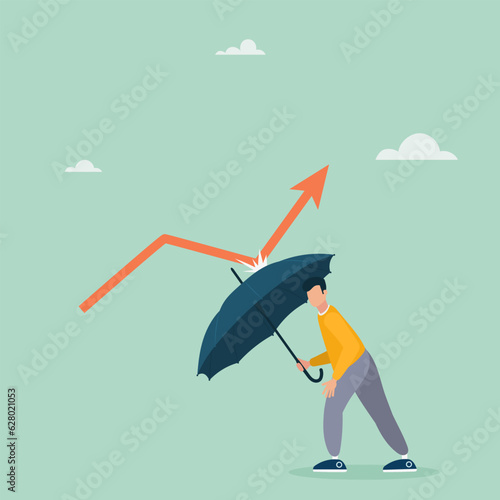 Economic recovery from crisis, business protection or stock market bounce back from recession concept, smart confidence businessman holding strong umbrella to recover red arrow economic graph. Vector
