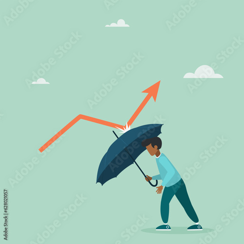 Economic recovery from crisis, business protection or stock market bounce back from recession concept, smart confidence businessman holding strong umbrella to recover red arrow economic graph. Vector
