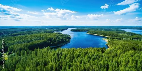 Landscape with a road and green forests near the water of blue lakes in summer.