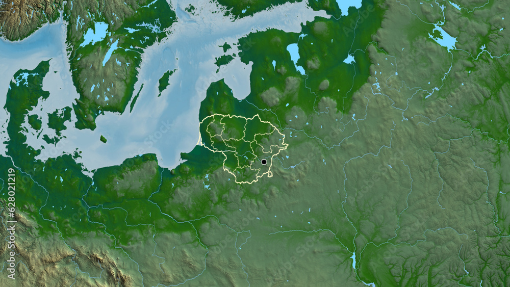Shape of Lithuania with regional borders. Physical.
