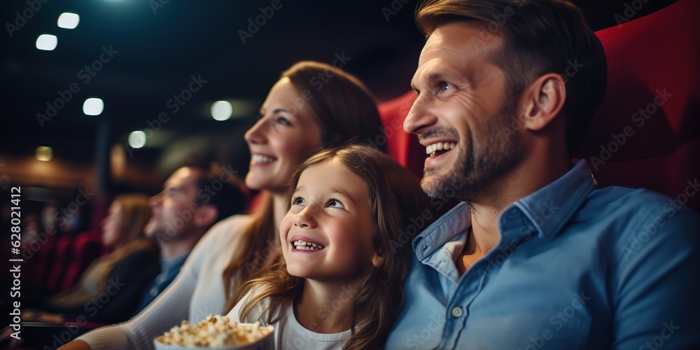 Joyful family in the cinema watching an exciting movie. - obrazy, fototapety, plakaty 