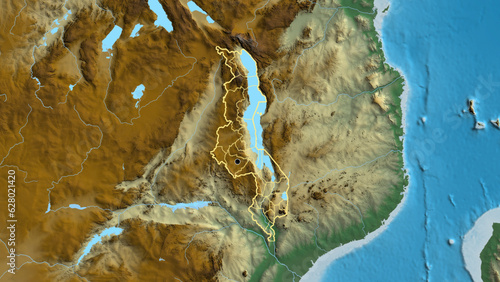 Shape of Malawi with regional borders. Relief.