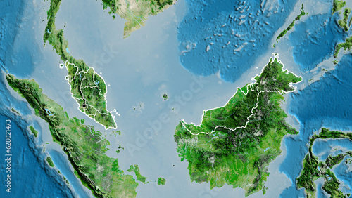 Photography Shape of Malaysia with regional borders. Satellite.