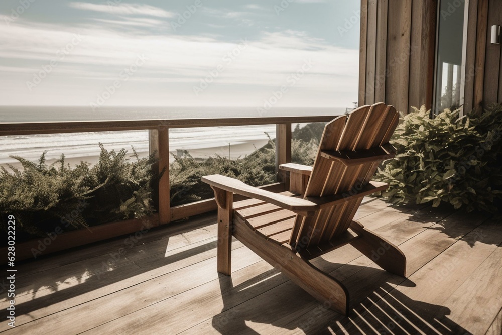 Balcony deck with Adirondack chair overlooks beach and ocean. Generative AI