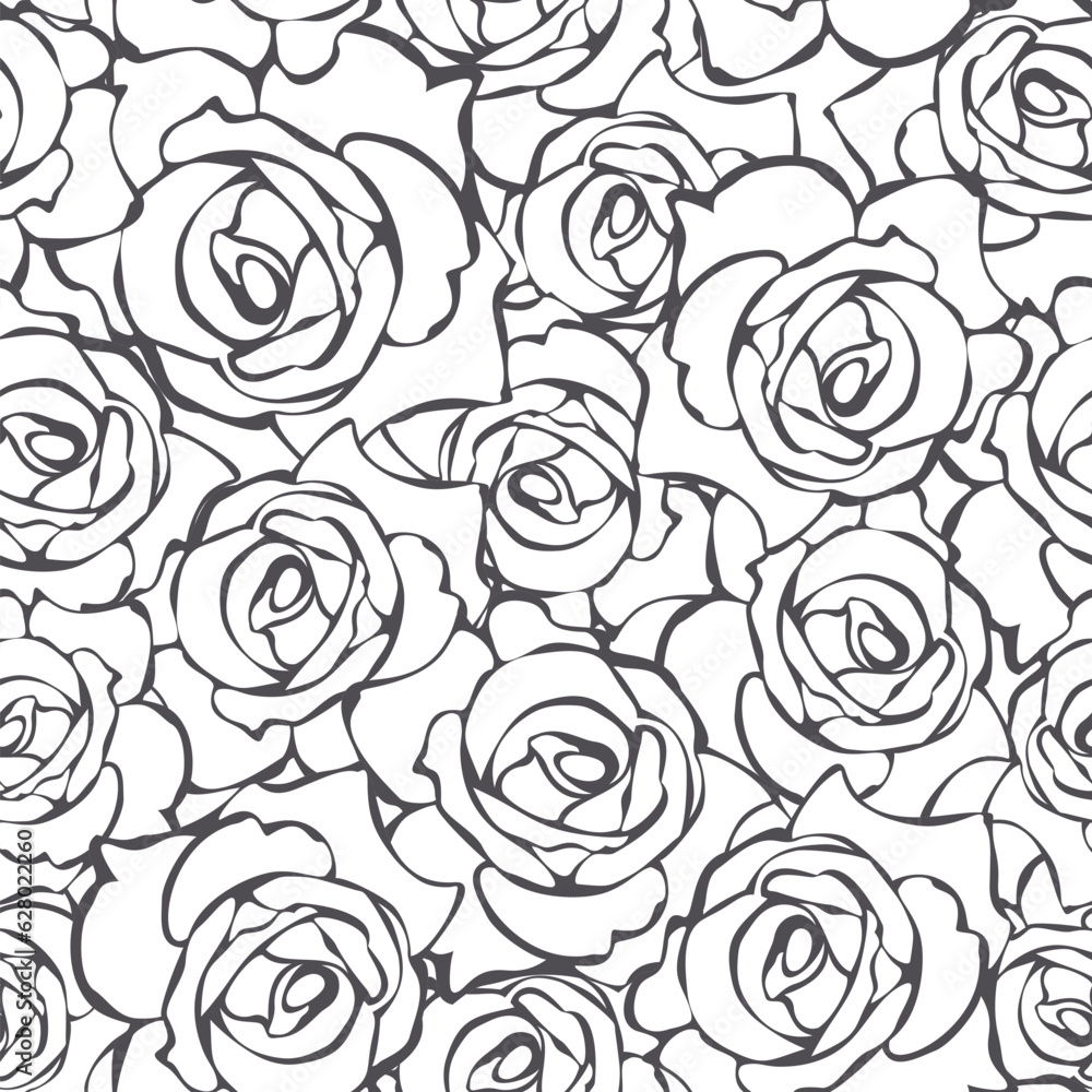 Floral pattern with rose flowers contours. Black and white seamless background. Vector modern print