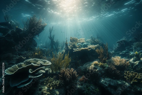Marine life amidst coral undersea. Generative AI