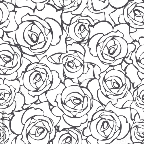 Floral pattern with rose flowers contours. Black and white seamless background. Vector modern print