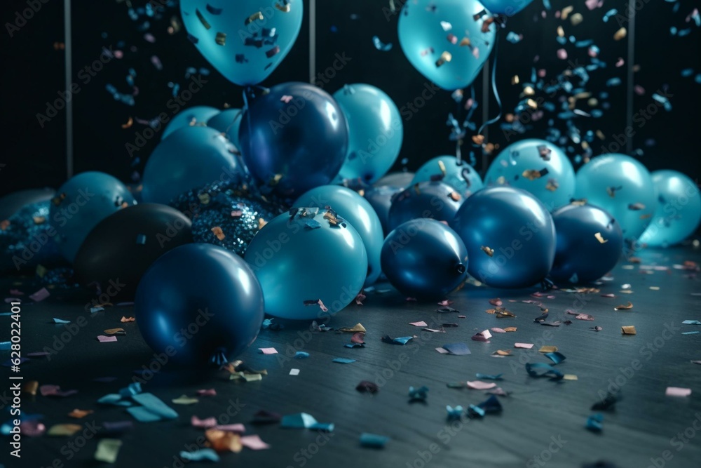 Background with blue balloons, confetti, sparkles, and lights for celebrating various events. Generative AI