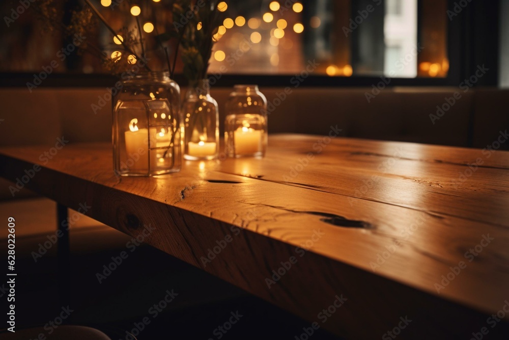 Wooden table with soft golden bokeh in dark cafe/restaurant. Generative AI