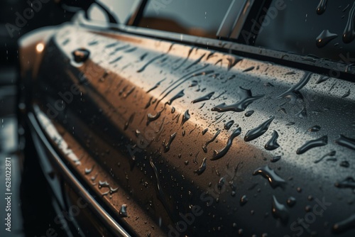 Hydrophobicity on car paint post-rain with water droplets on metal. Generative AI