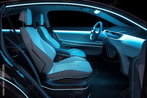 Autonomous vehicle's door opens, reconfiguring the interior. Generative AI © Nicolae