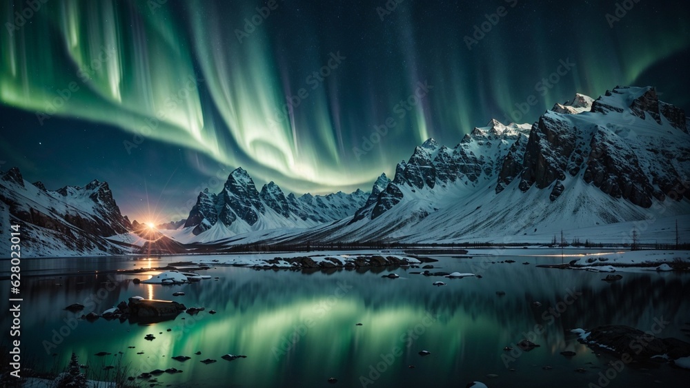 Aurora borealis in the night sky over snowy mountains.