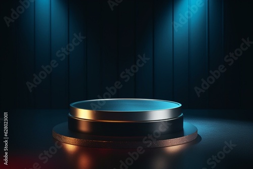 3D podium background showcasing a blank round stage for product display. Generative AI