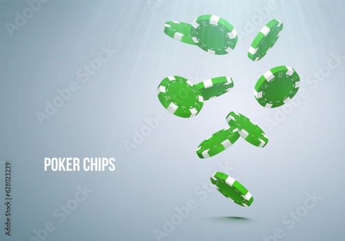 Falling green poker chips on light background. Vector illustration.