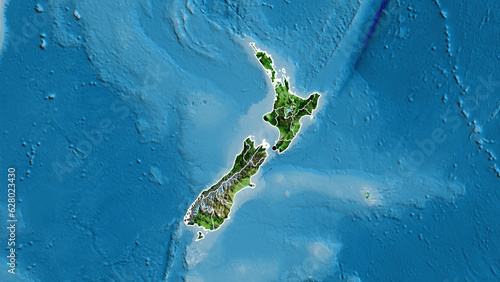 Shape of New Zealand with regional borders. Satellite.
