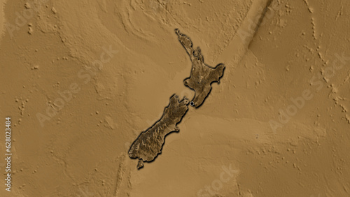 Shape of New Zealand. Bevelled. Sepia elevation.