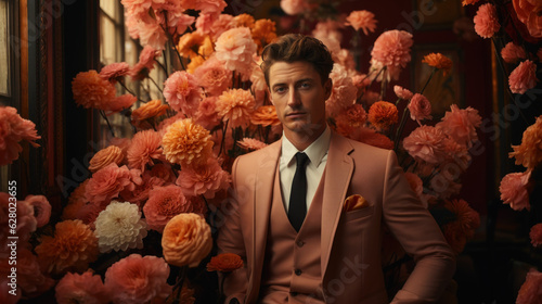 A man in a pink suit against a background of flowers created with generative AI technology