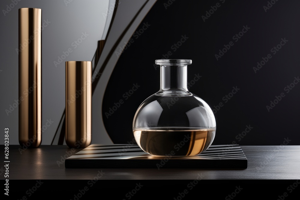 Illustration of a transparent glass bottle with a colorful liquid swirling inside, created with Generative AI technology