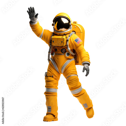 Astronaut waving hand hello or goodbye, space man in yellow space suit wave hand gesture hi or bye isolated on transparent white background, saying friendly welcome or greeting