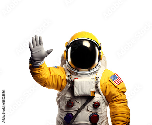 Astronaut waving hand hello or goodbye, space man in yellow space suit wave hand gesture hi or bye isolated on transparent white background, saying friendly welcome or greeting