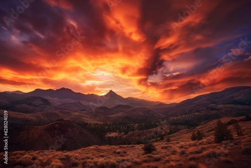 Illustration of a breathtaking sunset over a majestic mountain range, created with Generative AI technology