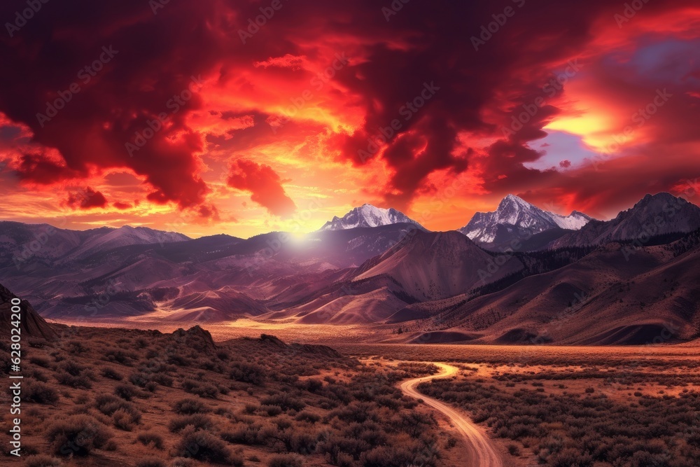 Illustration of a scenic desert landscape with a dirt road and majestic mountains in the background, created with Generative AI technology