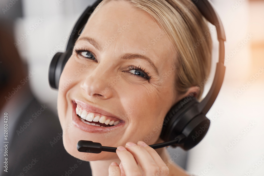 Call center, face of happy woman or portrait of telemarketing agent with microphone for customer service, CRM support and FAQ contact. Female sales consultant smile for telecom questions at help desk Call center, face of happy woman or portrait of telemarketing agent with microphone for customer service, CRM support and FAQ contact. Female sales consultant smile for telecom questions at help desk
