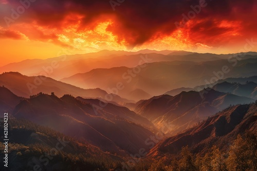 Illustration of a stunning sunset over majestic mountains, created with Generative AI technology