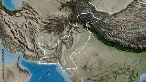 Shape of Pakistan. Outlined. Satellite. © zelwanka