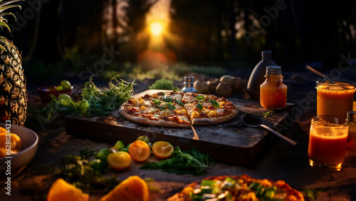 Pizza with pineapple slices in the forest, sunset. Hawaiian pizza with pineapple and tomatoes.