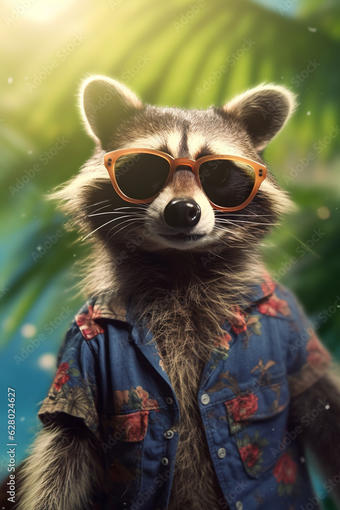 Chill and Stylish Raccoon Rocking a Hawaiian Shirt and Sunglasses - AI generated