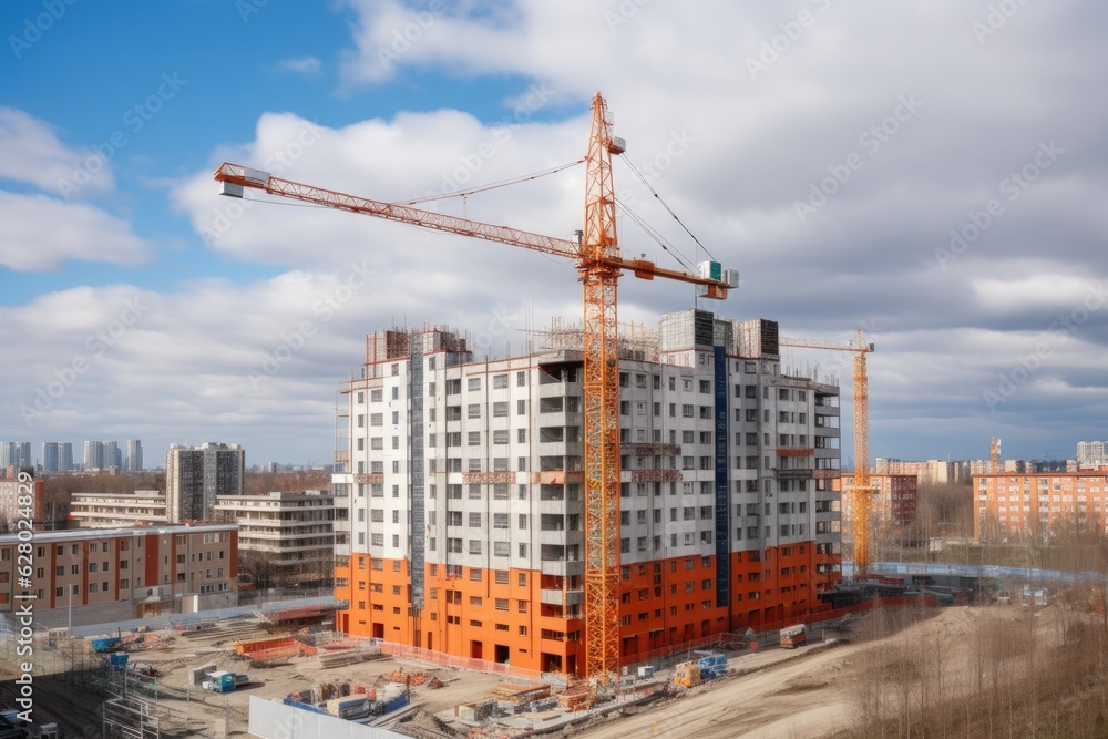construction site with towering crane, working on high-rise building construction site with towering crane, working on high-rise building