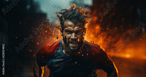 sporty man with beard in physical sporty action in backlight, hair flying dynamically, sweat dripping, soaked jersey, generative AI © Marcus Jacobi