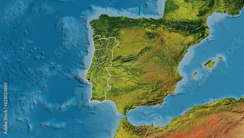 Shape of Portugal with regional borders. Topographic.