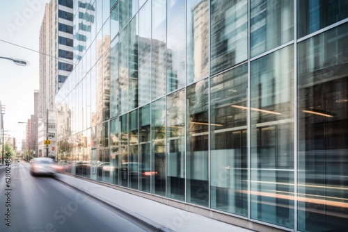 glass facade with blur of motion and activity, featuring modern offices or retail space © Natalia