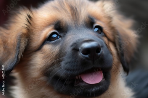 close-up of a puppy's face, with its tongue hanging out