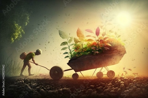 Leinwand Poster Person plants in garden with wheelbarrow and seedlings under sun
