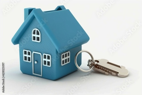 3D render of blue house keychain with keys isolated on white background. Generative AI © Carter