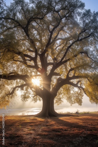 majestic oak tree with sunrays filtering through branches