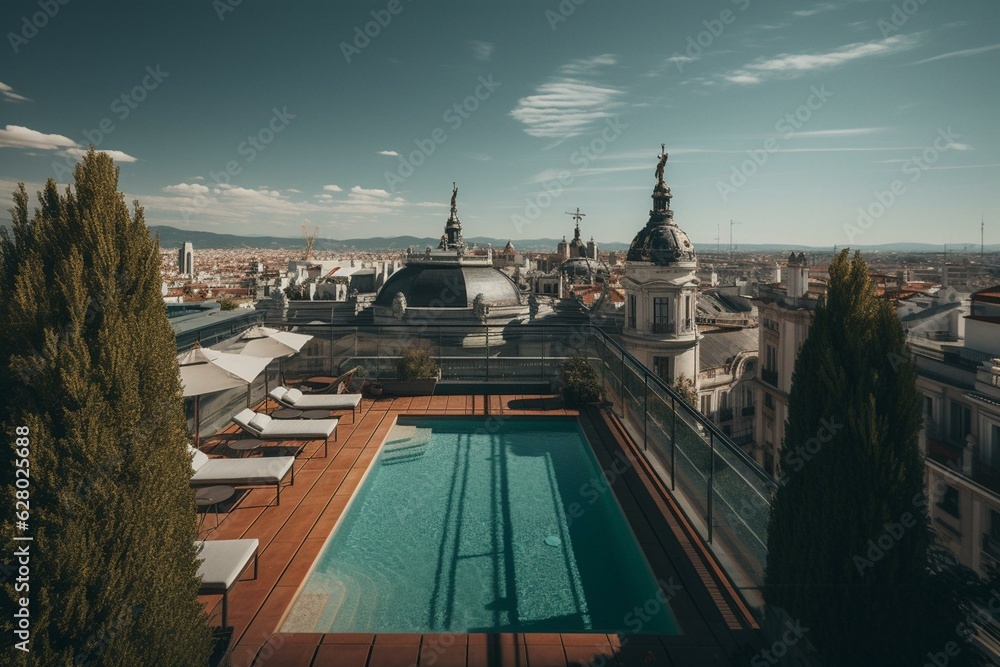 Stunning rooftop patio with pool and panoramic view of Madrid. Generative AI