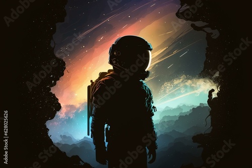 Futuristic astronaut silhouette gazes into space. Generative AI