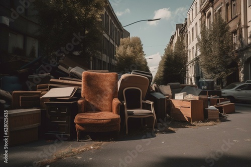 Discarded furniture on the street awaiting city pickup services. Generative AI