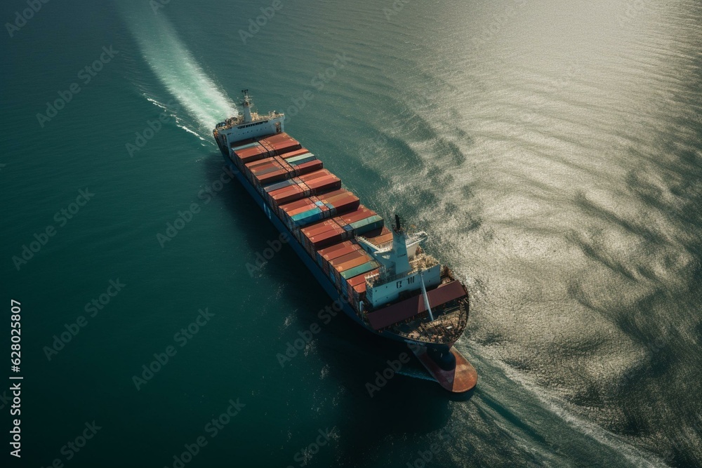 A cargo ship moving towards a port, carrying containers for customs clearing and exporting products. Aerial view with a mast. Generative AI
