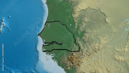 Shape of Senegal. Bevelled. Relief.