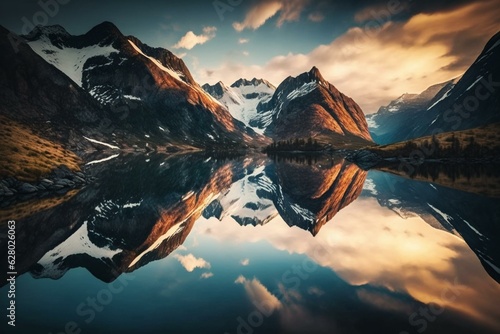 Beautiful mountain and fjord scenery with stunning reflection in Norway's Scandinavian mountains. Artistic image brings a feeling of liberation. Generative AI