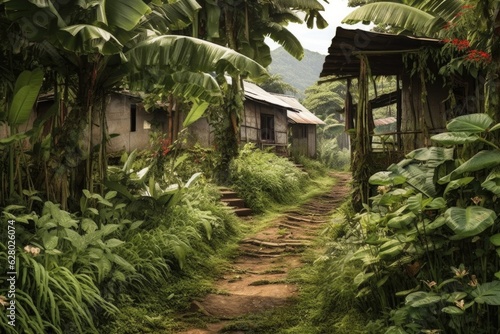 rustic coffee plantation path with surrounding foliage