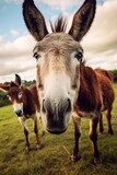 close-up of a donkeys curious face